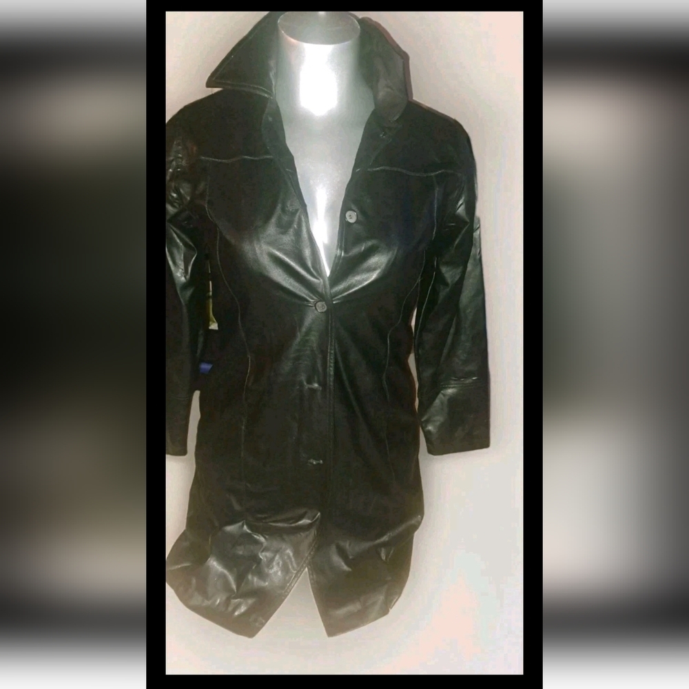 Vtg 90s Paparazzi Womens Black Faux Leather Mid Length Trench Coat  Size Large.